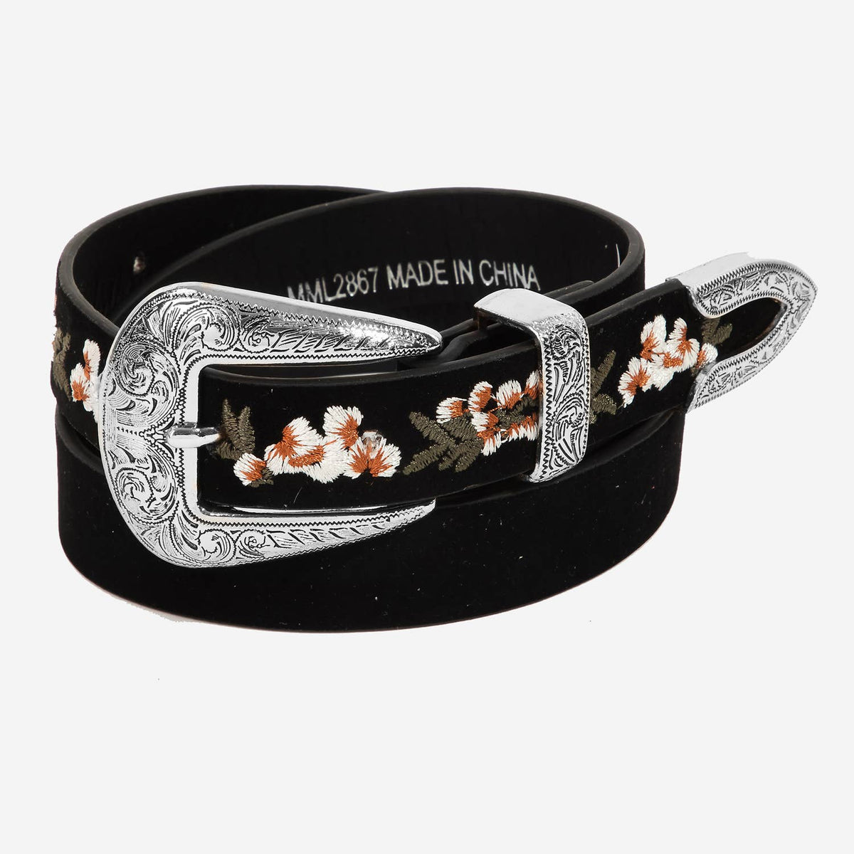 Black Flower Embroidered Etch Buckle Belt