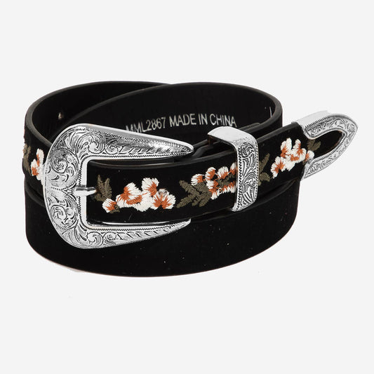 Black Flower Embroidered Etch Buckle Belt