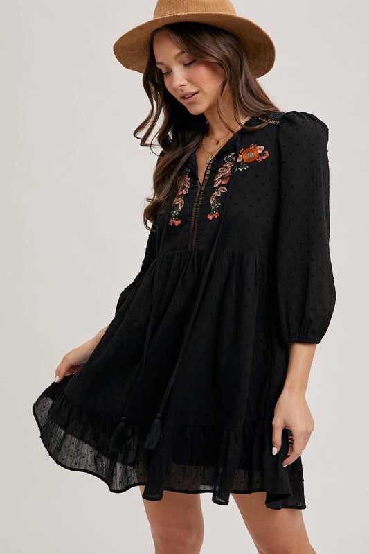 LAINEY EMBROIDERED RUFFLED BABY DOLL DRESS