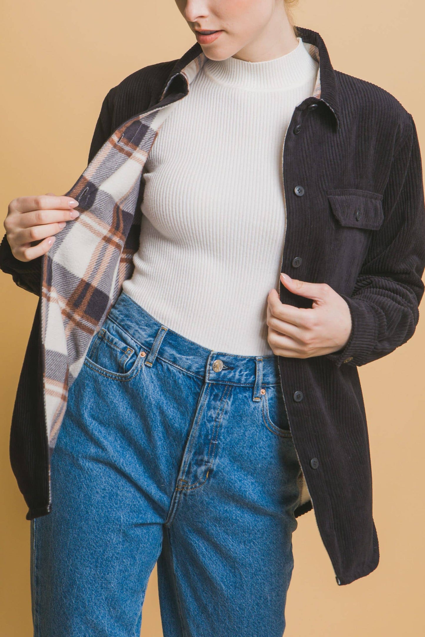 Black Corduroy Reversible Button Down Jacket