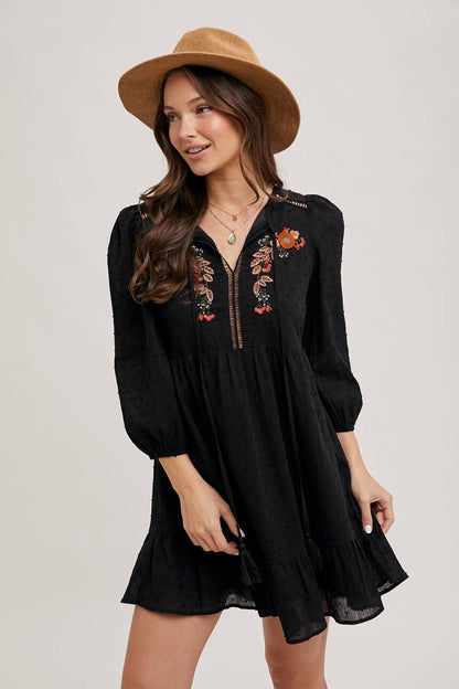LAINEY EMBROIDERED RUFFLED BABY DOLL DRESS