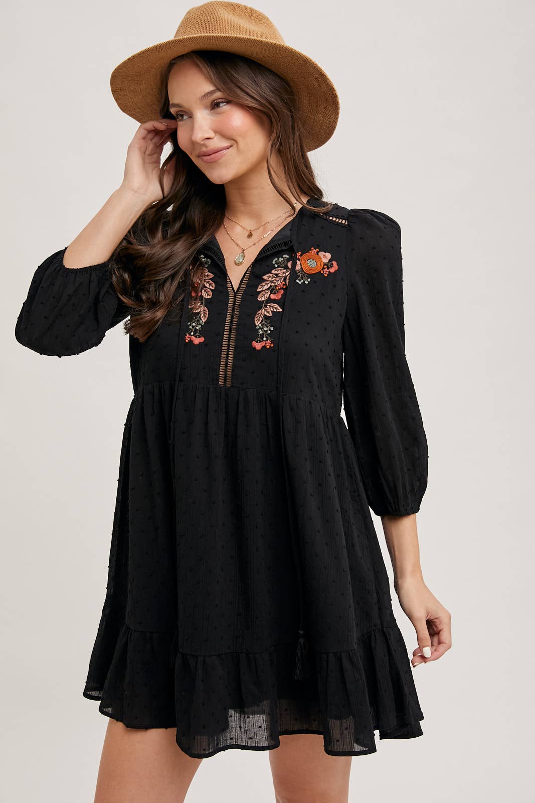 LAINEY EMBROIDERED RUFFLED BABY DOLL DRESS