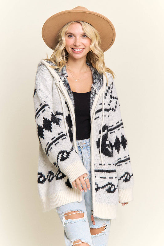 Aztec Hooded Knit Zip Up Cardigan
