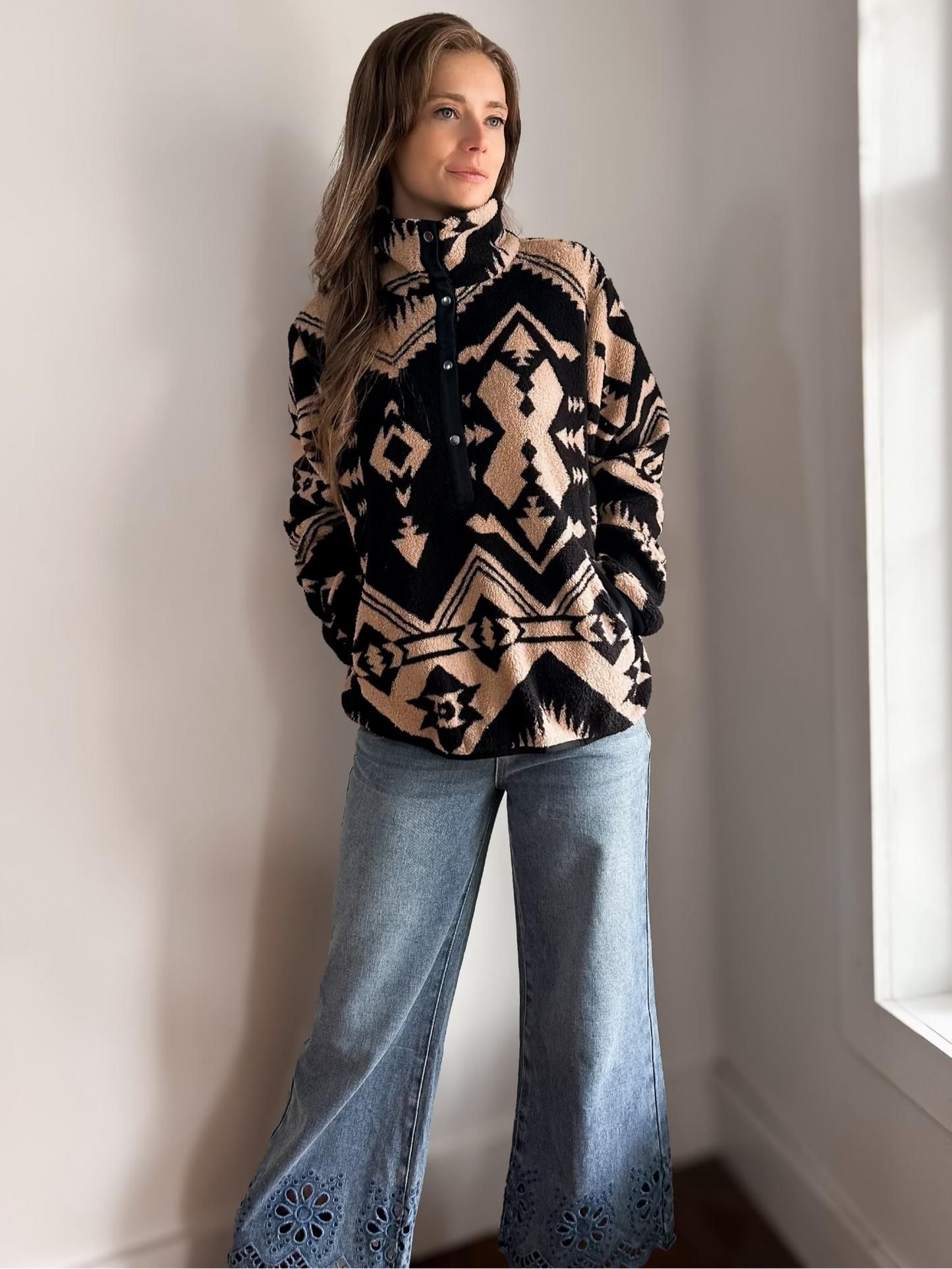 Embroidered Cropped Wide Leg High Waist Jeans