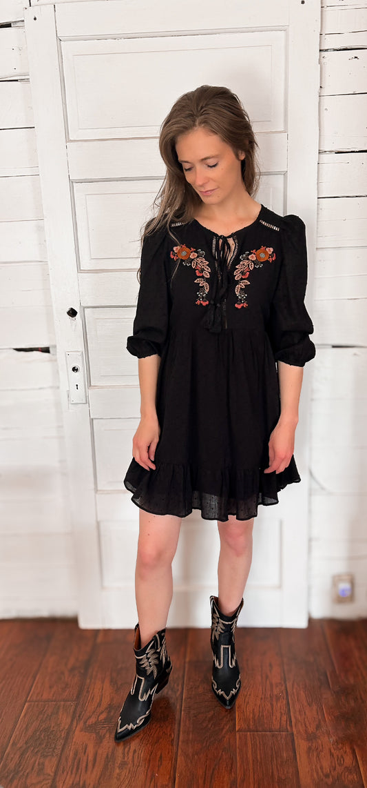 LAINEY EMBROIDERED RUFFLED BABY DOLL DRESS