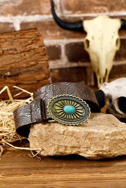 Retro Turquoise Plate Decor Embossed Faux Leather Belt