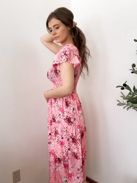 Ruffle Sleeve Smocked Floral Print Dress