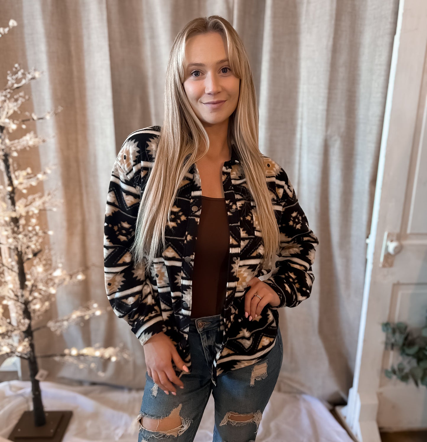 Aztec Long Sleeve Printed Fleece Shacket