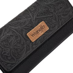 Wrangler Western Floral Tooled Tri-fold RFID Wallet/Wristlet - Black