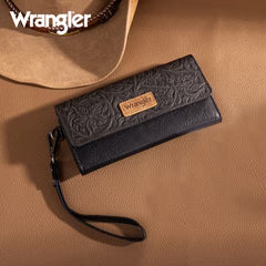 Wrangler Western Floral Tooled Tri-fold RFID Wallet/Wristlet - Black