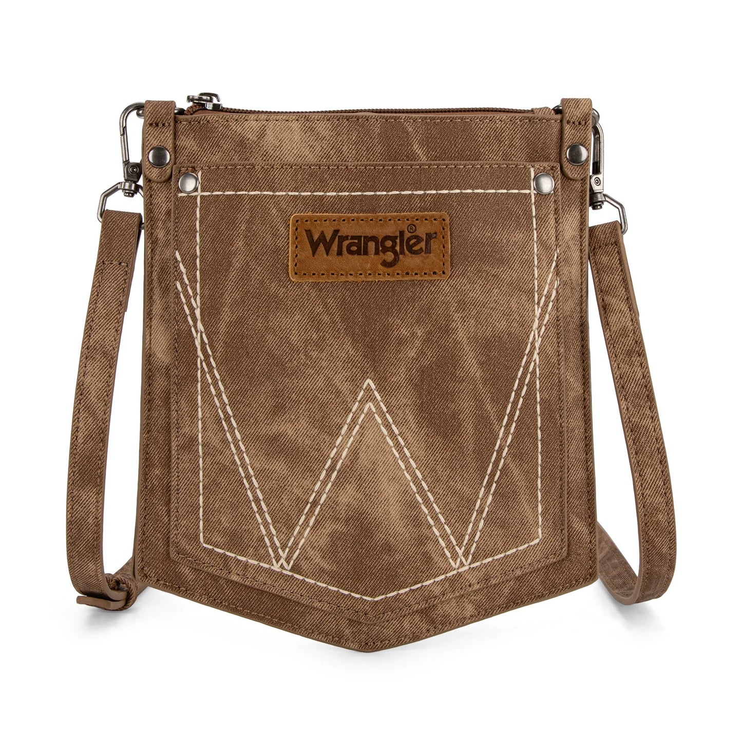 Wrangler "W" Stitch Water Repellent Denim Pocket Crossbody in Brown