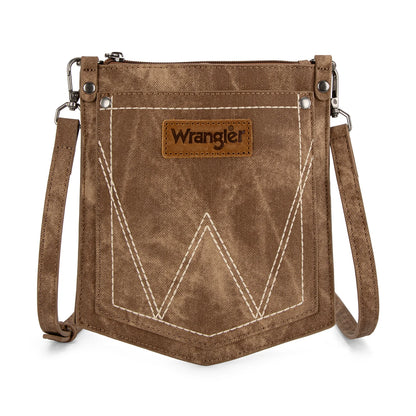 Wrangler "W" Stitch Water Repellent Denim Pocket Crossbody in Brown
