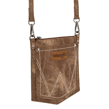 Wrangler "W" Stitch Water Repellent Denim Pocket Crossbody in Brown