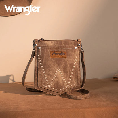 Wrangler "W" Stitch Water Repellent Denim Pocket Crossbody in Brown