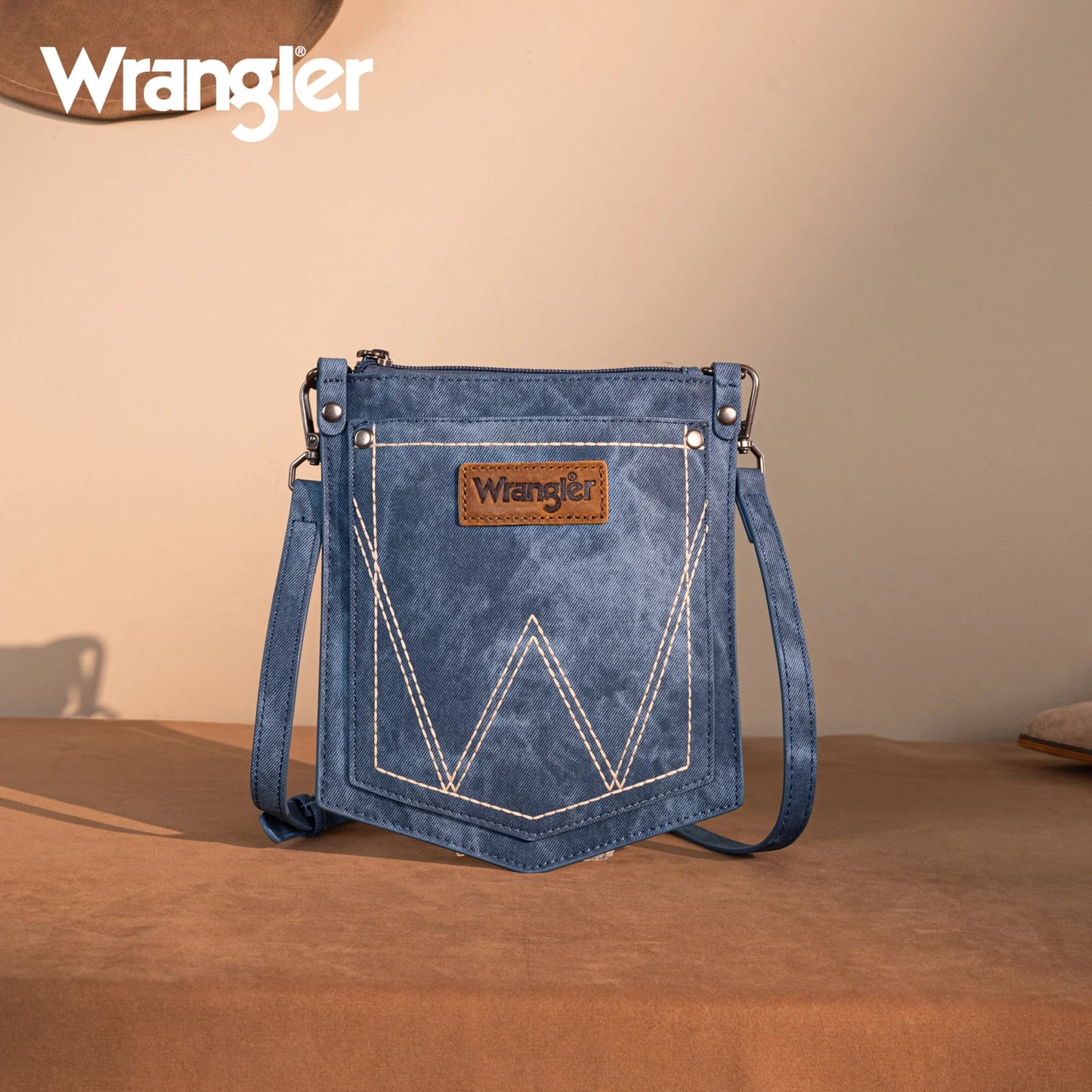 Wrangler "W" Stitch Water Repellent Denim Pocket Crossbody in Jean