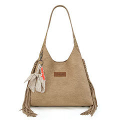 Wrangler Fringe Floral Tooled Hobo Bag-Tan