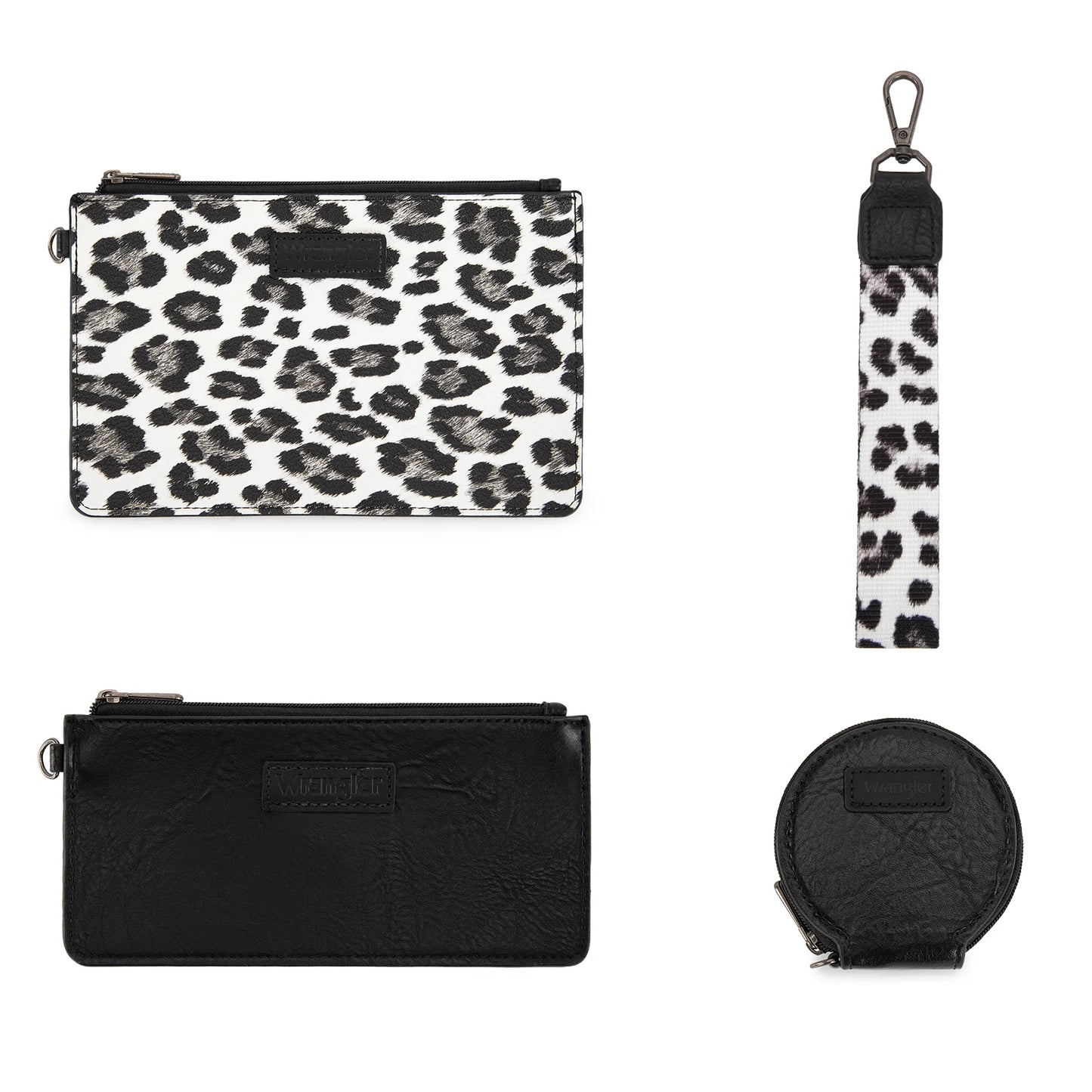 Wrangler Leopard Print Dual Pouch Wristlet with Zipper Round Case in Black