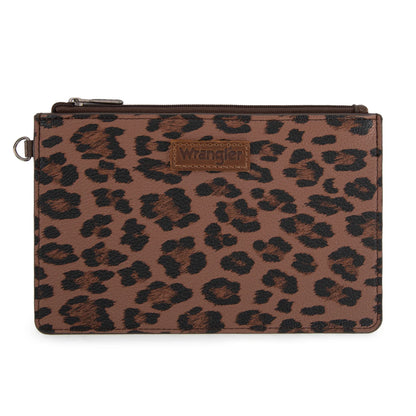 Wrangler Leopard Print Dual Pouch Wristlet with Zipper Round Case in Coffee