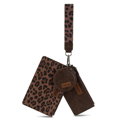 Wrangler Leopard Print Dual Pouch Wristlet with Zipper Round Case in Coffee