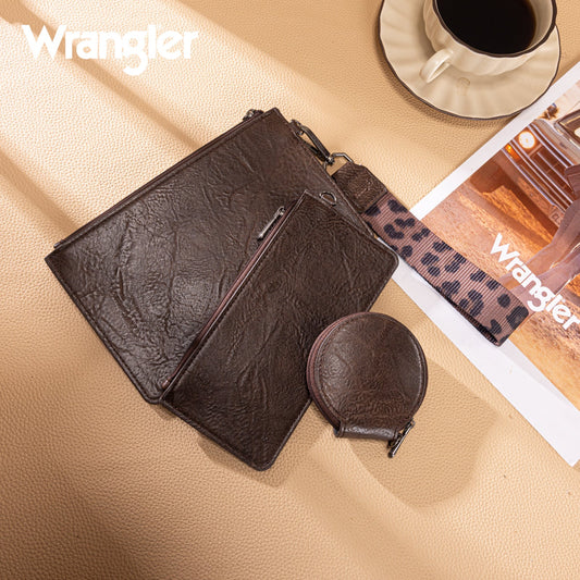 Wrangler Leopard Print Dual Pouch Wristlet with Zipper Round Case in Coffee