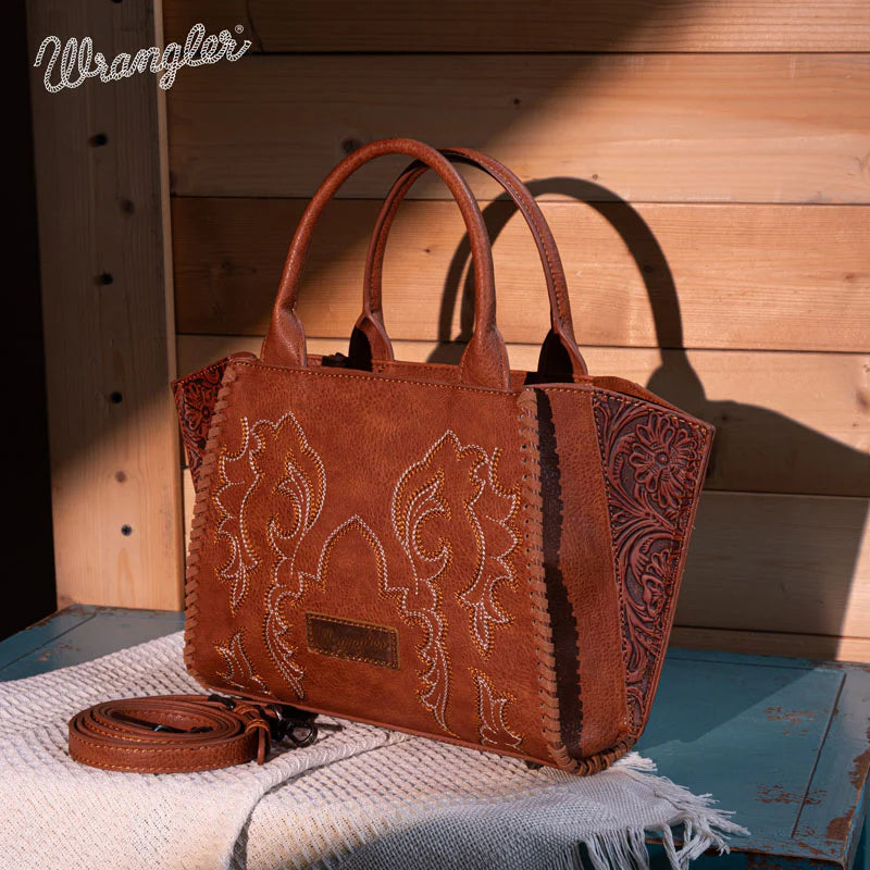 Wrangler Embroidered Trapezoid Tote/Crossbody in Brown