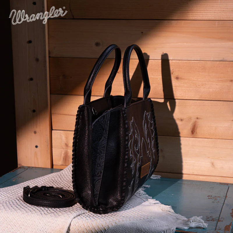 Wrangler Embroidered Trapezoid Tote/Crossbody in Black