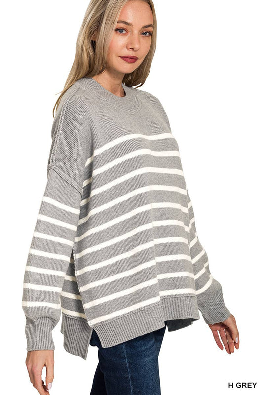 Grey Exposed Seam Striped Oversized Sweater
