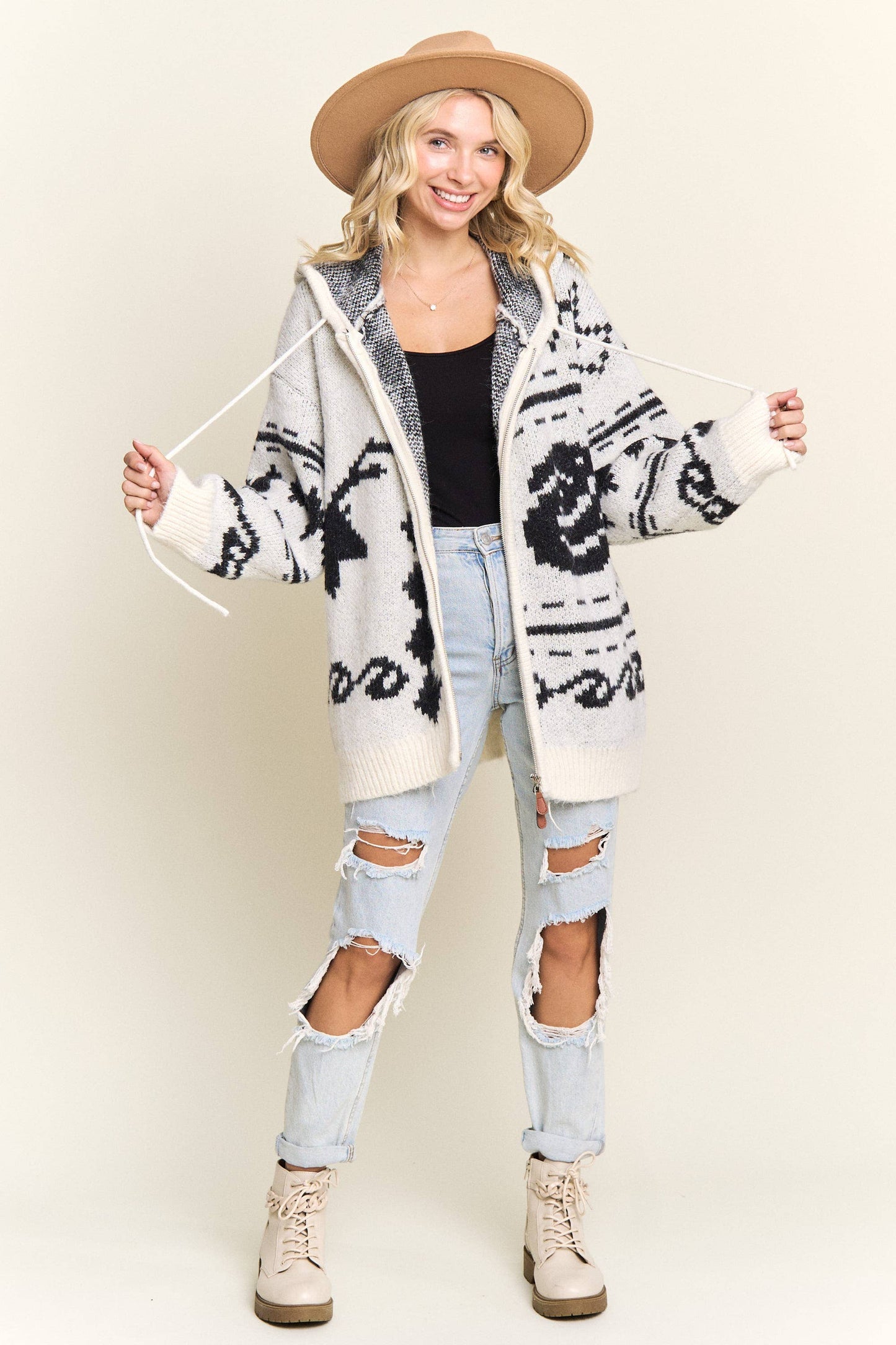 Aztec Hooded Knit Zip Up Cardigan