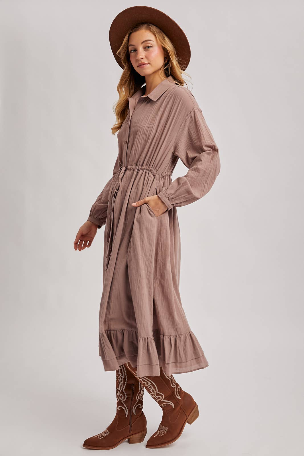 RUFFLED MIDI OPEN DUSTER OR SHIRT DRESS