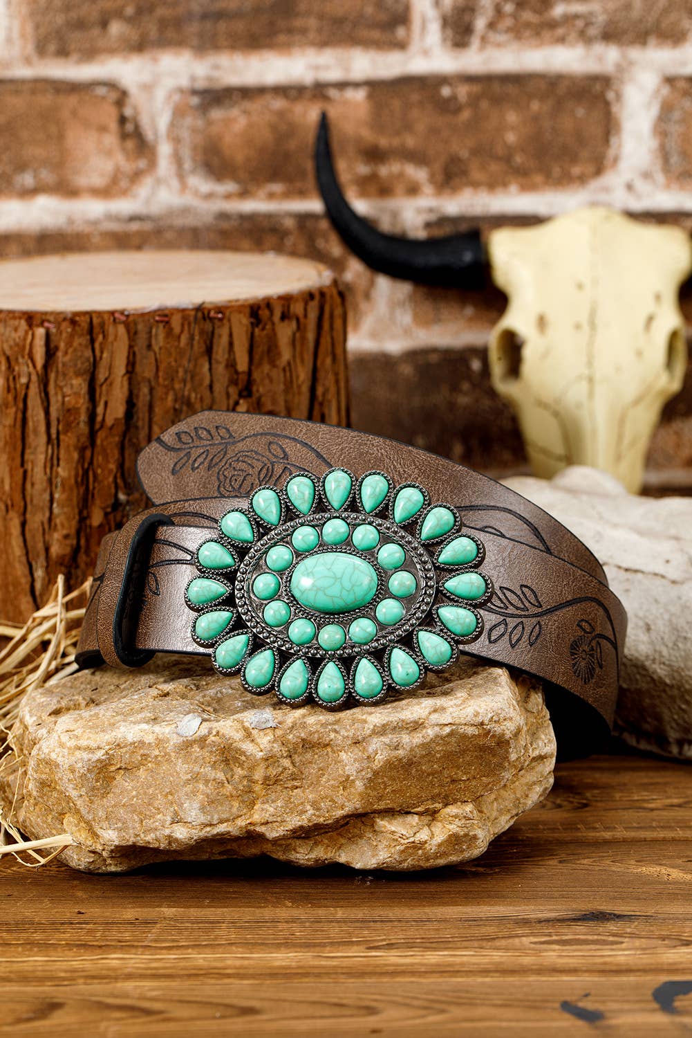 Turquoise Gem Stone Western Fashion Faux Leather Belt