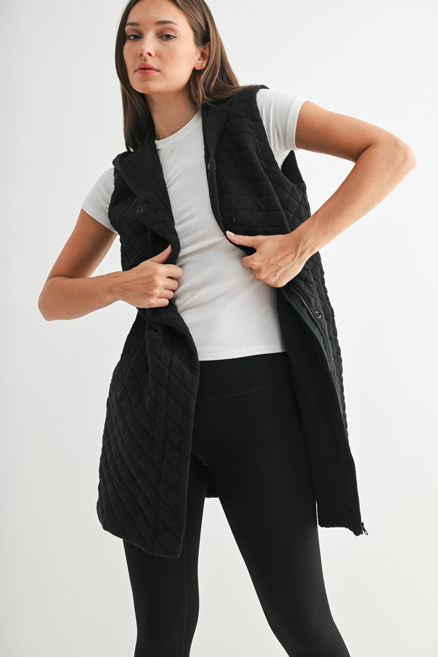 Black Longline Quilted Cotton Blend Vest
