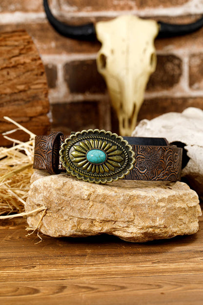 Retro Turquoise Plate Decor Embossed Faux Leather Belt