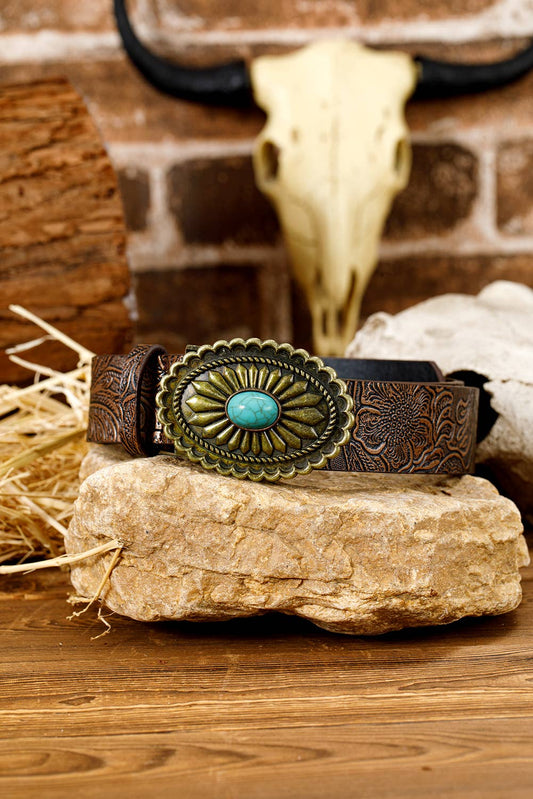 Retro Turquoise Plate Decor Embossed Faux Leather Belt