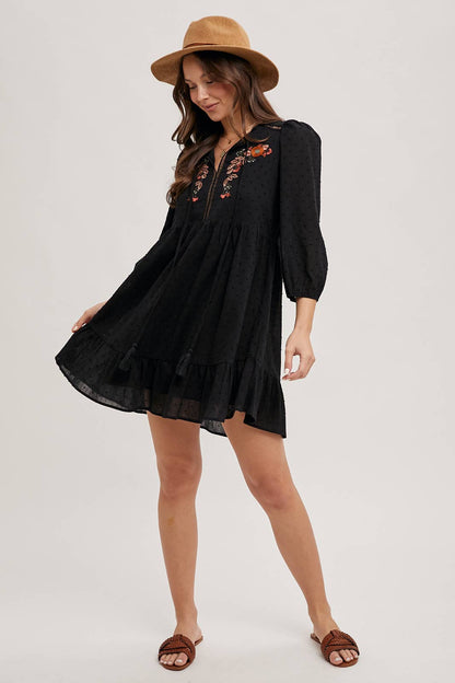 LAINEY EMBROIDERED RUFFLED BABY DOLL DRESS