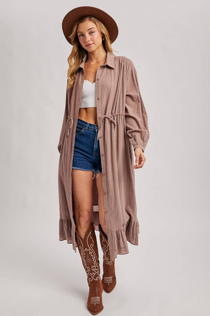 RUFFLED MIDI OPEN DUSTER OR SHIRT DRESS