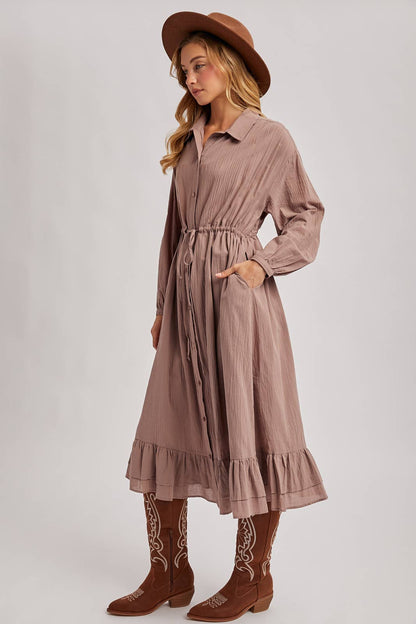 RUFFLED MIDI OPEN DUSTER OR SHIRT DRESS