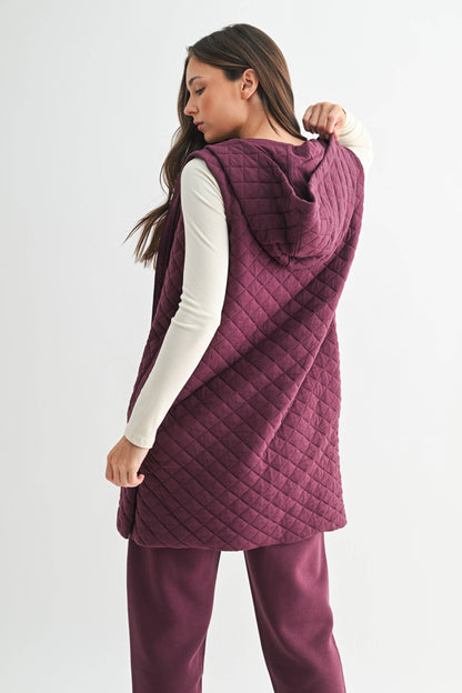 Plum Longline Quilted Cotton Blend Vest