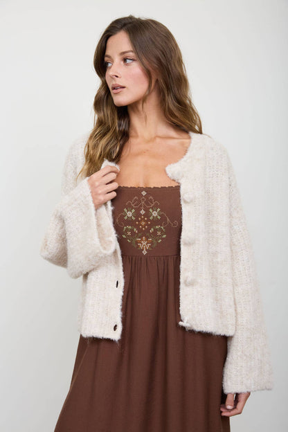 Presley Bell Sleeve Midi Dress with Embroidery Detail