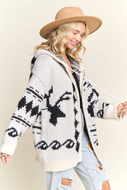 Aztec Hooded Knit Zip Up Cardigan