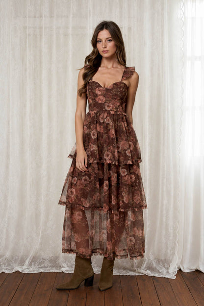 Rylie Floral Chiffon Ruffle Tiered Midi Dress