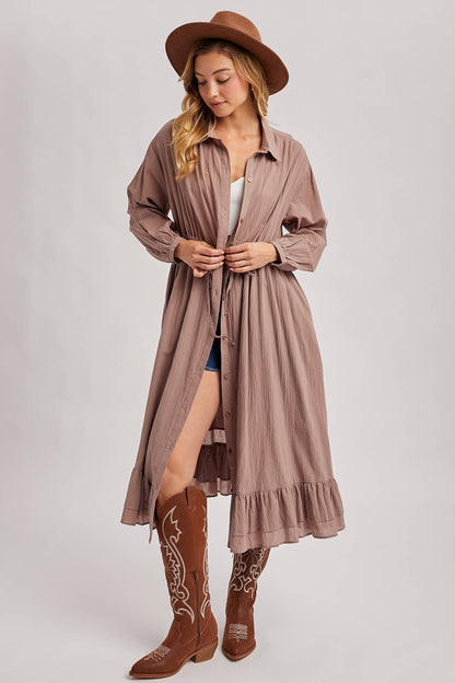 RUFFLED MIDI OPEN DUSTER OR SHIRT DRESS