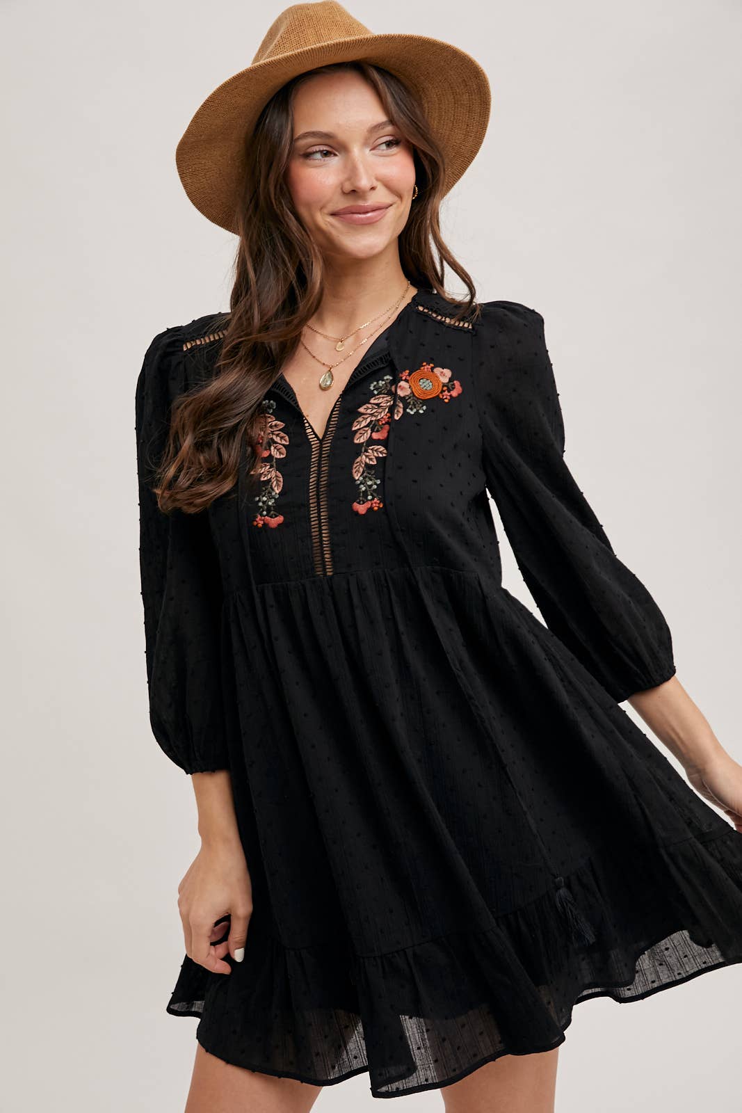 LAINEY EMBROIDERED RUFFLED BABY DOLL DRESS