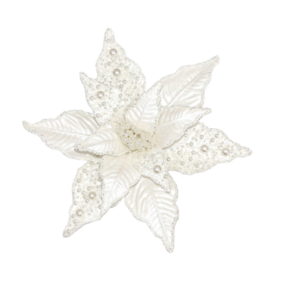 Metallic White Fabric Poinsettia Clip