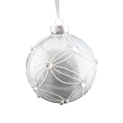 Silver Shine Glitter Glass Ornament with Bead Detail