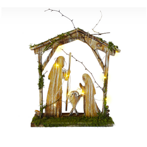 Wooden Nativity with Moss and Lights